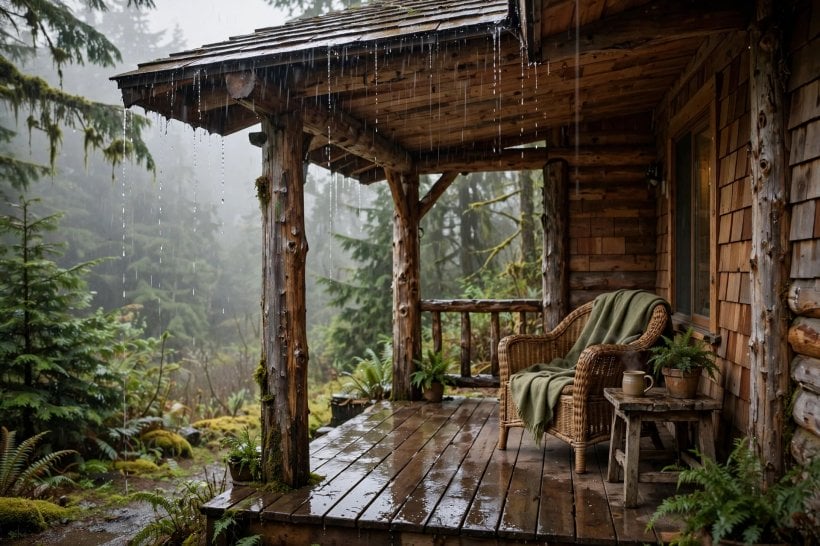 where should I live based on weather quiz: cedar cabin porch in gentle Pacific Northwest rain