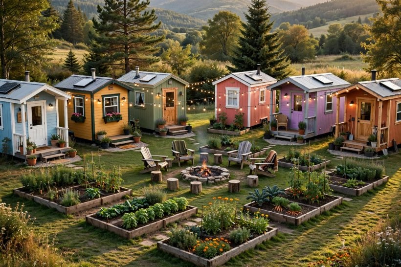 why tiny houses are the future of housing: a tiny house village green with shared gardens