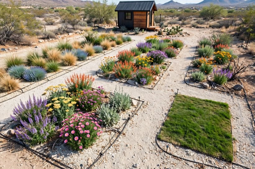 Xeriscaping with Rocks and Native Plants: a lot laid out in hydrozones, each bed planted and watered by need