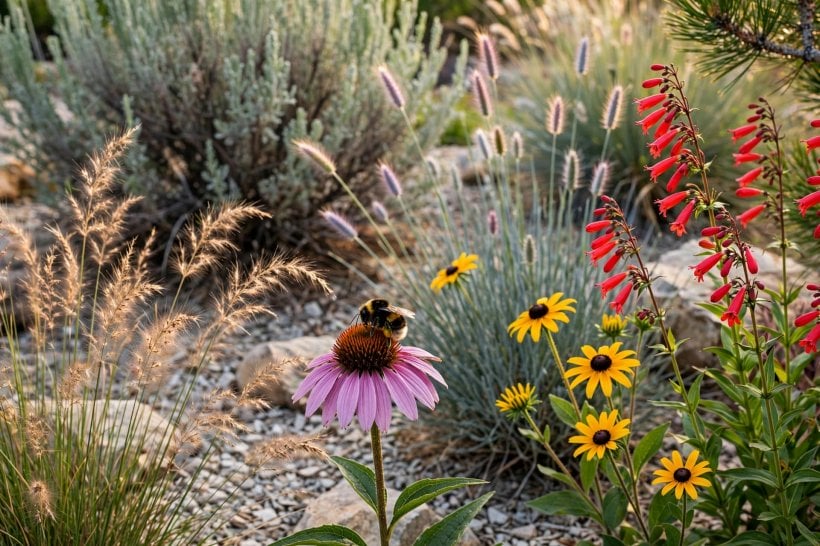 Xeriscaping with Rocks and Native Plants: native grasses, coneflower, black-eyed Susan and penstemon in full bloom