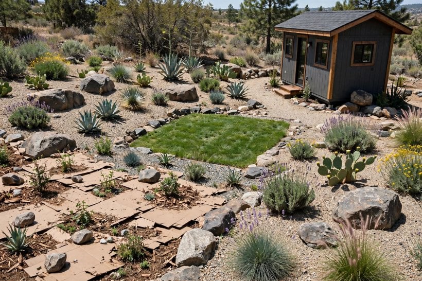 Xeriscaping with Rocks and Native Plants: a small functional buffalo grass patch held inside a full xeriscape lot