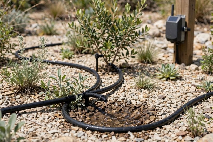 Xeriscaping with Rocks and Native Plants: drip emitters sized to each plant, run through the rock mulch
