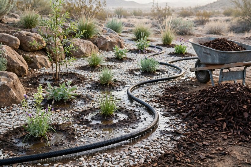 Xeriscaping with Rocks and Native Plants: a first-year planting taking its deep weekly watering