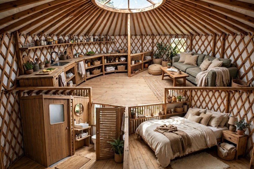 yurt floor plans: four-quadrant interior with kitchen, living, sleeping and bath zones