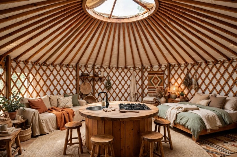 yurt floor plans: radial kitchen island at the center under the roof ring
