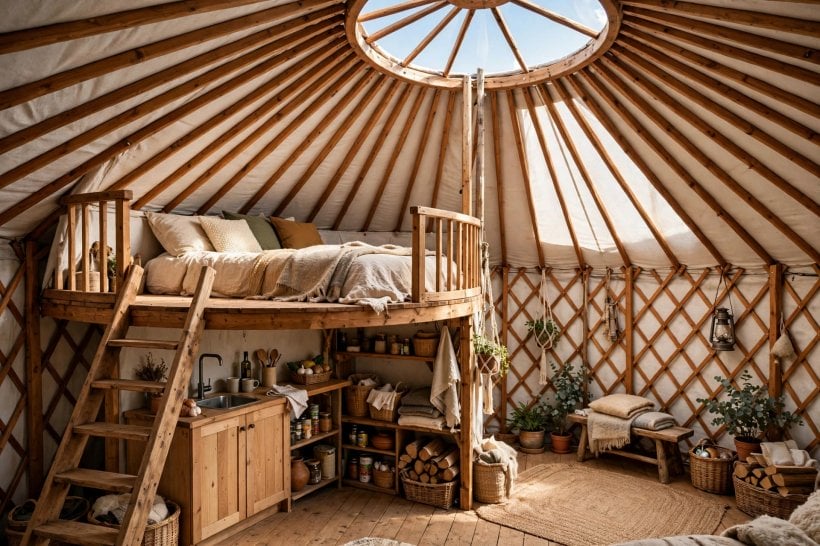 yurt floor plans: half-moon sleeping loft with a ship's ladder