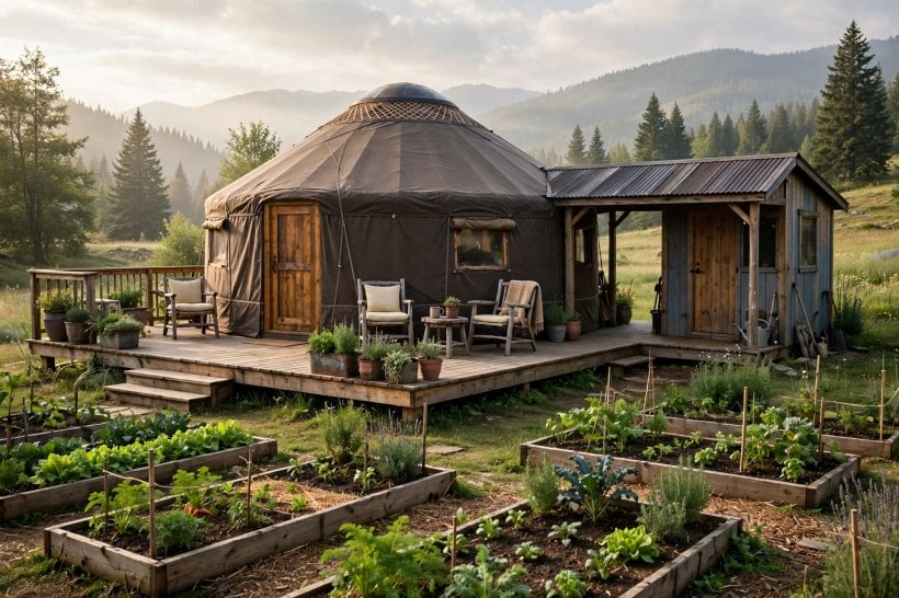 yurt floor plans: homestead yurt with a wraparound deck and utility pod