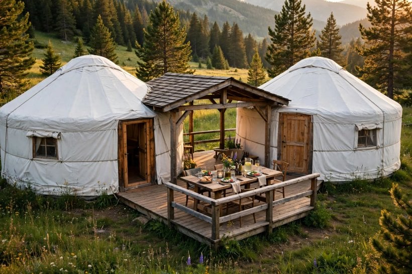 yurt floor plans: two yurts joined by a covered deck for a family village