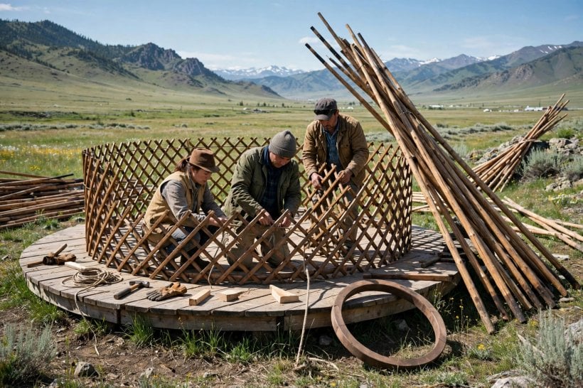 yurt vs tiny house: lattice khana wall and roof poles rising to the central toono ring during assembly