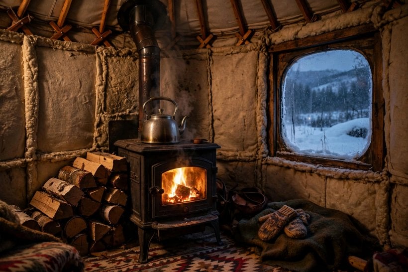 yurt vs tiny house: a wood stove heating a yurt interior on a snowy winter evening