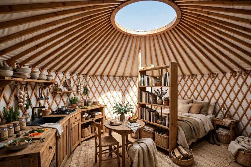 yurt vs tiny house: a round yurt interior zoned with freestanding partitions and low furniture