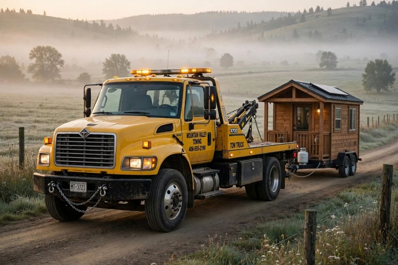 yurt vs tiny house: a tiny house on wheels hitched to a tow truck, ready for moving day
