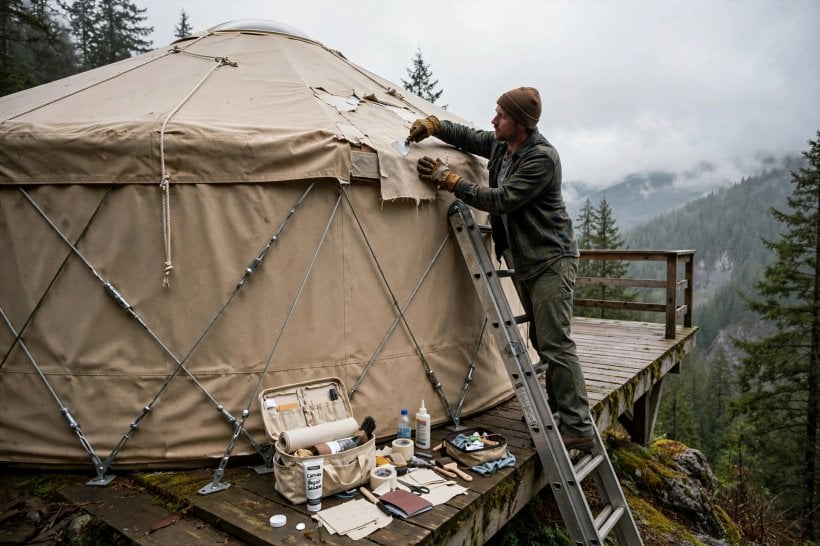 yurt vs tiny house: an owner inspecting and patching a yurt cover at the platform edge