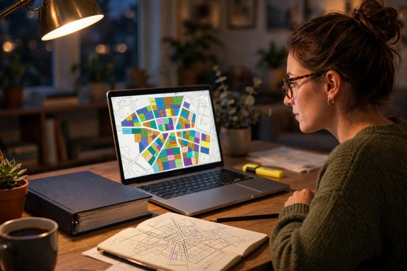 zoning laws for tiny houses: studying the zoning ordinance at a desk, highlighter and parcel sketch to hand