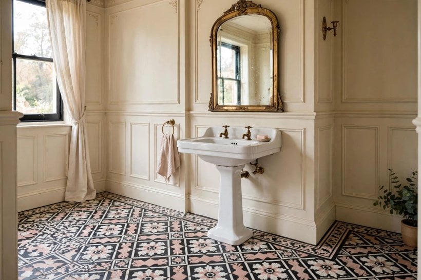victorian bathroom: wooden washstand vanity with a marble top