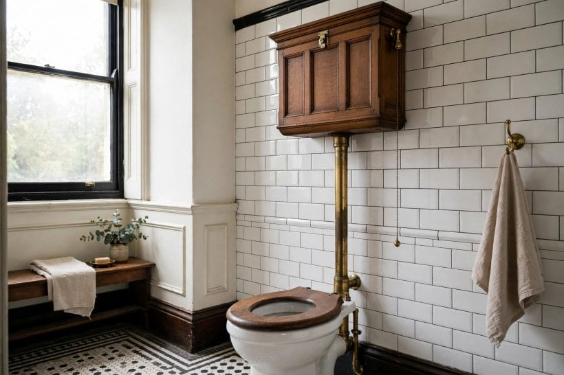 victorian bathroom: black and white patterned floor tiles