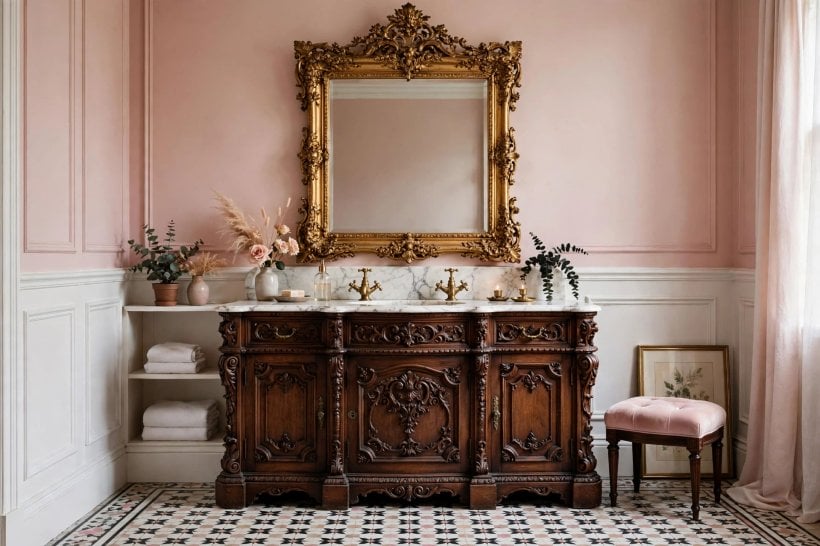 victorian bathroom: walk-in shower with metro tiles and brass fittings