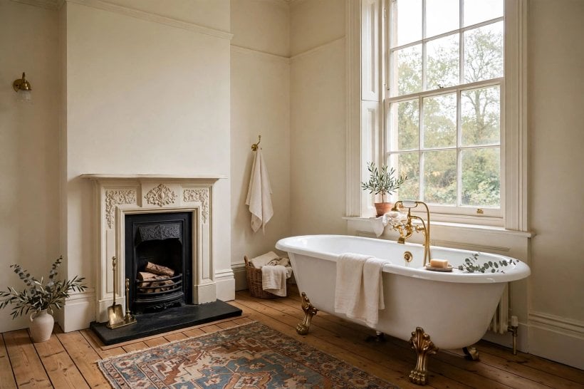 victorian bathroom: ornate mirror and wall lights above a vanity