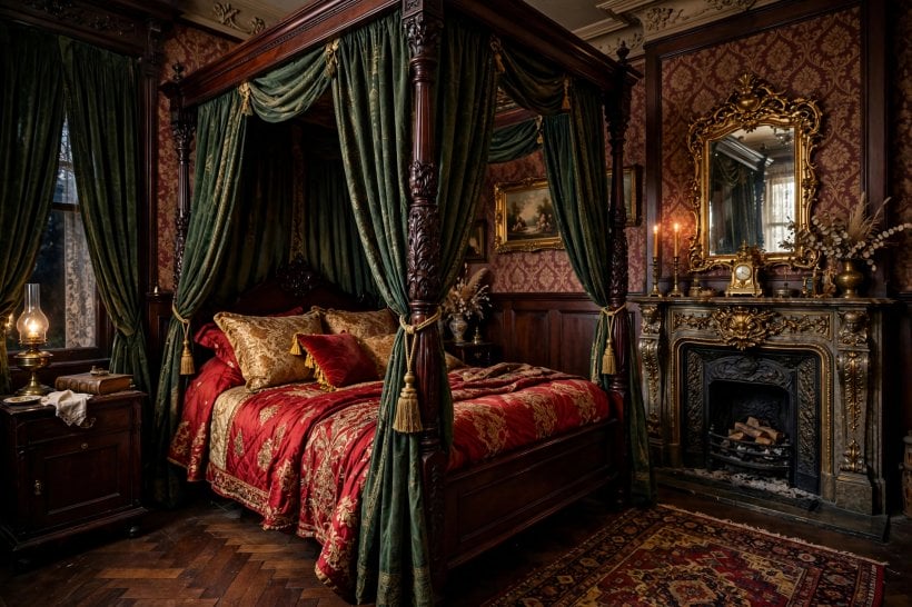 victorian bedroom: centred bed with matched bedside tables