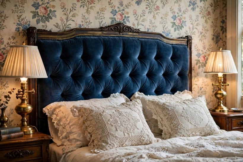 victorian bedroom: deep jewel colour palette with brass details