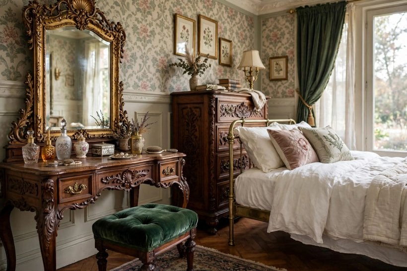 victorian bedroom: shaded lamps and a gilt mirror by lamplight