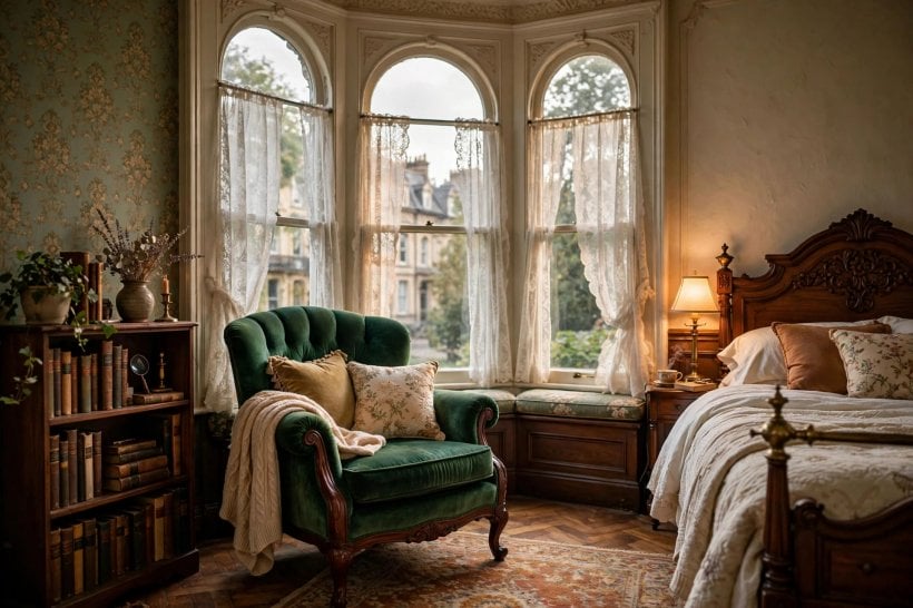 victorian bedroom: small bedroom with a tall upholstered headboard