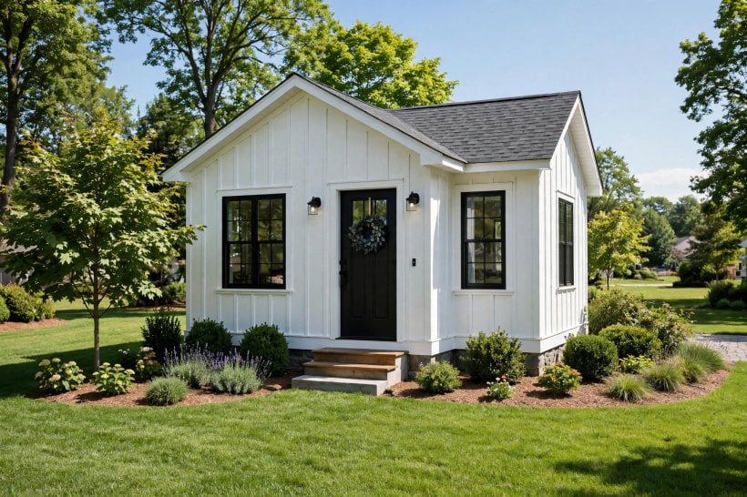 vinyl siding ideas for small homes: pale neutral siding on a compact cottage