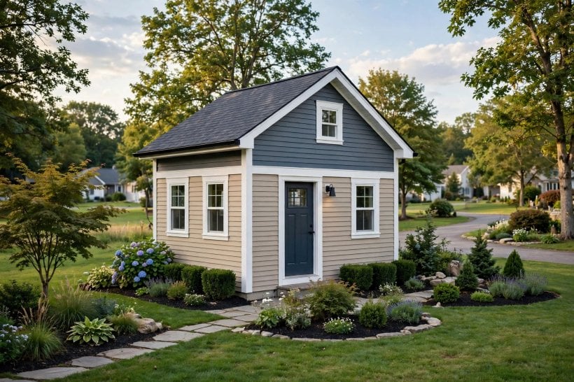 vinyl siding ideas for small homes: welcoming porch with white trim and grey siding
