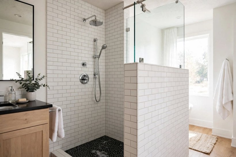 tile shower with half wall: an open entry layout with controls on the half wall