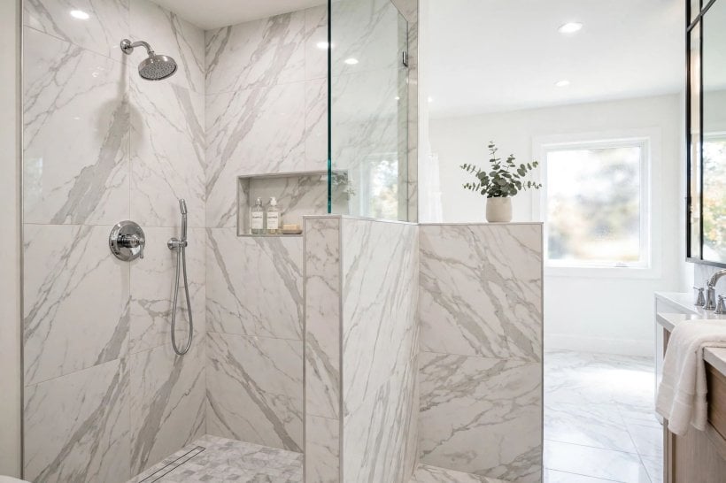 tile shower with half wall: deep green tiles with a contrasting pale grout