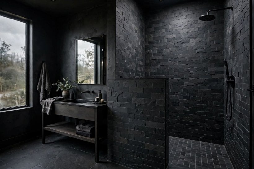 tile shower with half wall: a solid stone cap with a neat drip edge