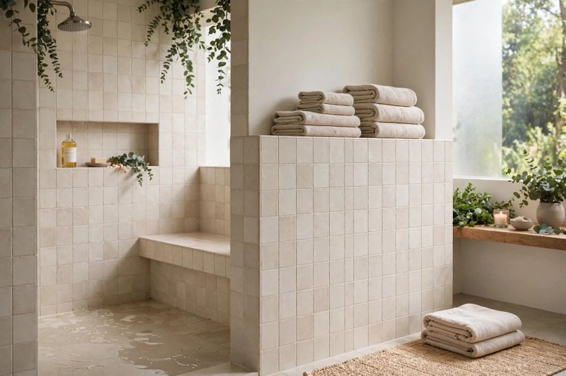 tile shower with half wall: a recessed niche and built-in bench