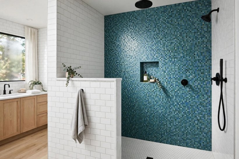 tile shower with half wall: a fixed glass panel mounted on the wall