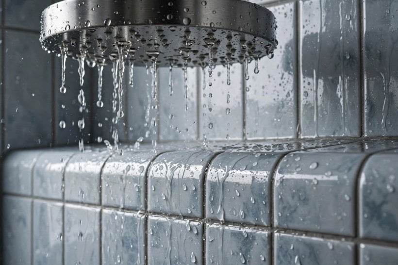 tile shower with half wall: a finished curbless shower with a linear drain