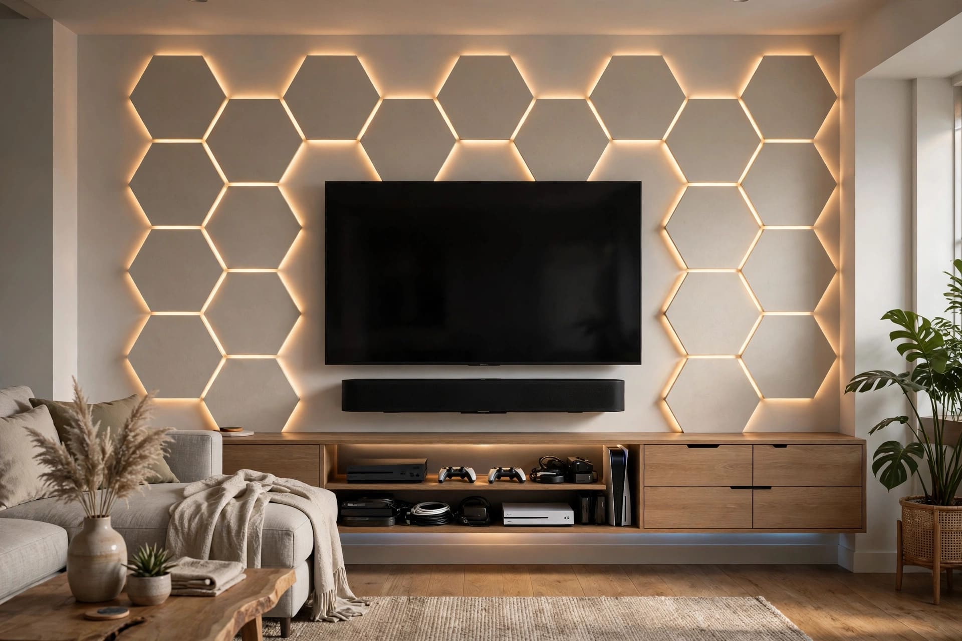 wall mounted tv ideas: wall panel and shelving styling example around a screen
