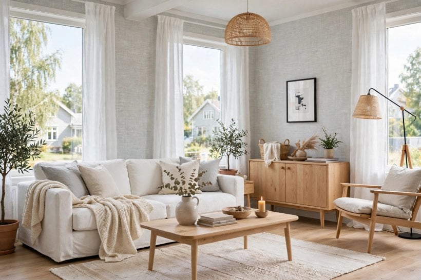 living room background: papered feature wall behind a sofa