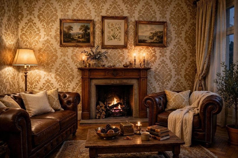 living room background: large-scale bold print in a compact room