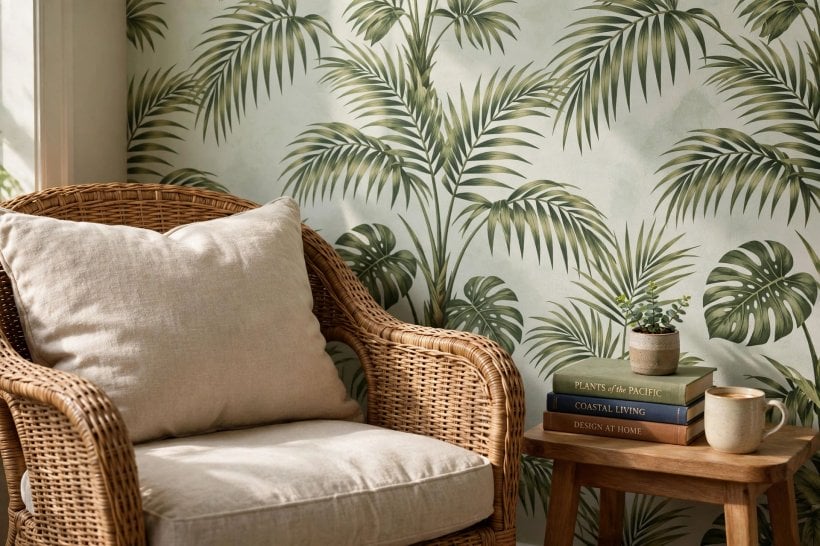 living room background: tropical leaf wallpaper behind a wicker armchair and side table