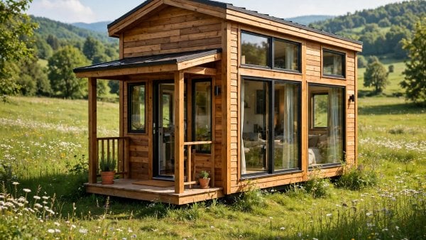 Modern tiny house with wooden cladding and a porch in a sunny meadow