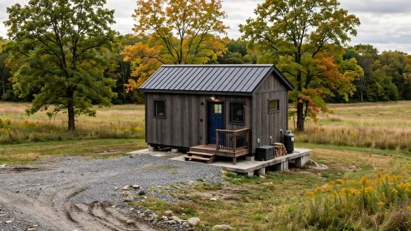 Tiny house built on a foundation in rural Wisconsin surrounded by trees and open land