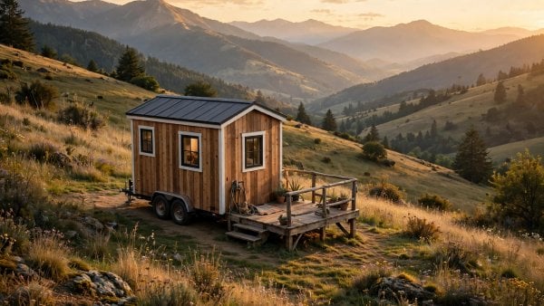 tiny house on wheels settled on a rural hillside plot with a small deck and mountain views