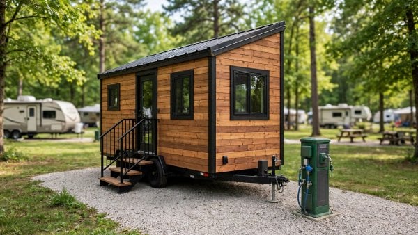 tiny house on wheels parked on a level gravel pad in a green park with hookups