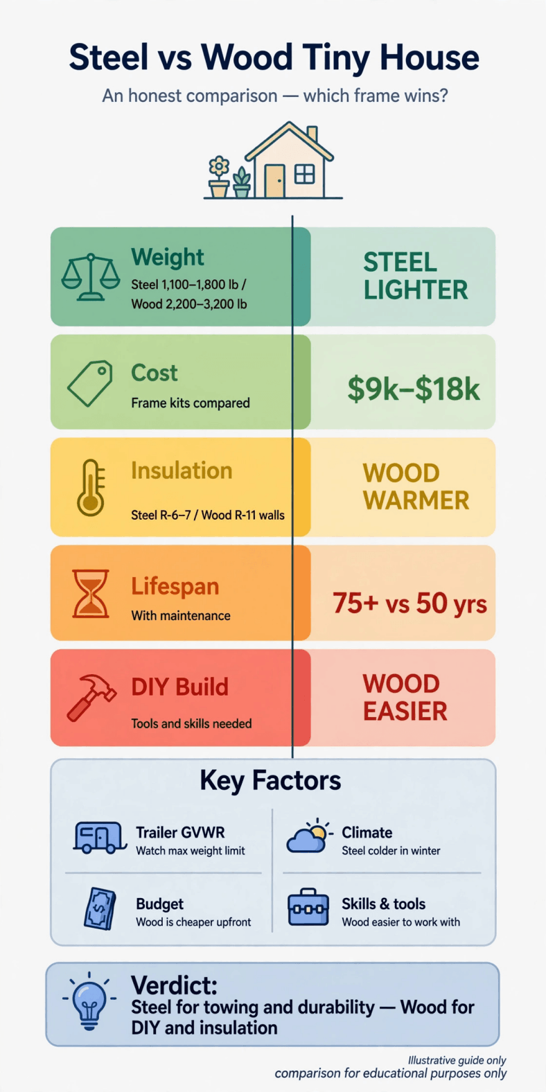 Steel vs wood tiny house frame infographic — comparing cost, weight, strength and insulation to decide which is better