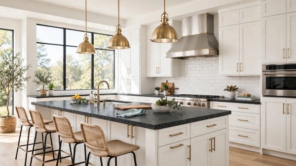 gray granite countertops with white cabinets