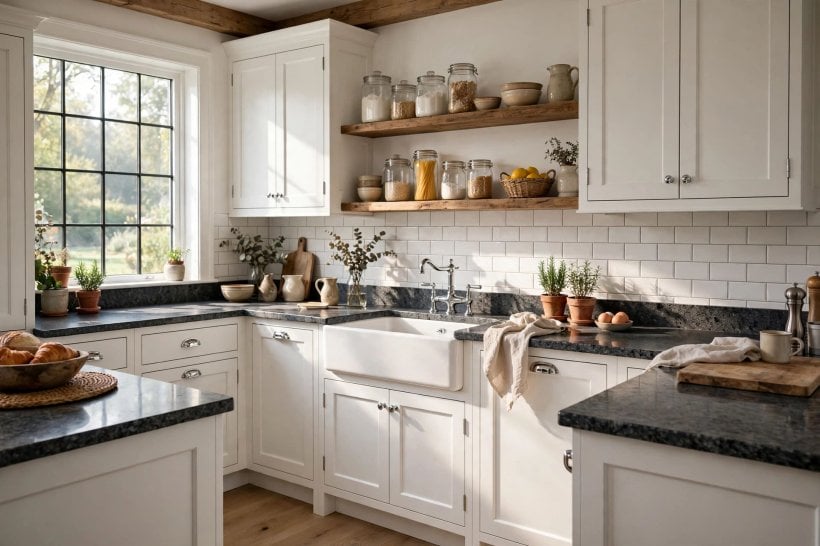 gray granite countertops with white cabinets: charcoal stone with a fine silver fleck beside bright cabinetry