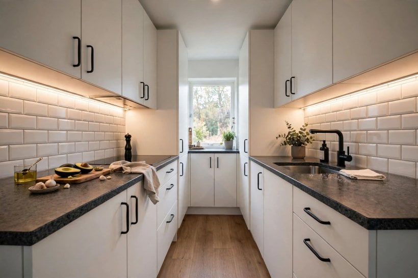 gray granite countertops with white cabinets: warm brass handles bridging bright doors and dark stone