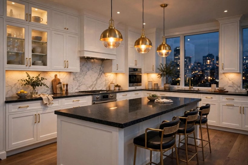 gray granite countertops with white cabinets: simple pale tile backsplash bridging doors and worktop