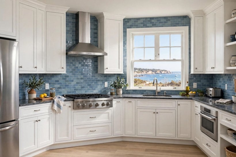 gray granite countertops with white cabinets: warm under-cabinet lighting washing over a dark worktop