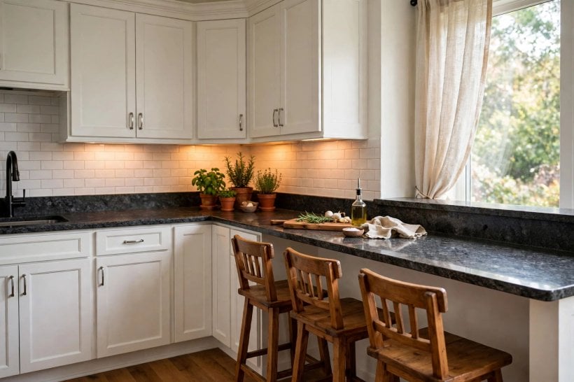 gray granite countertops with white cabinets: compact kitchen using a short run of dark stone for contrast