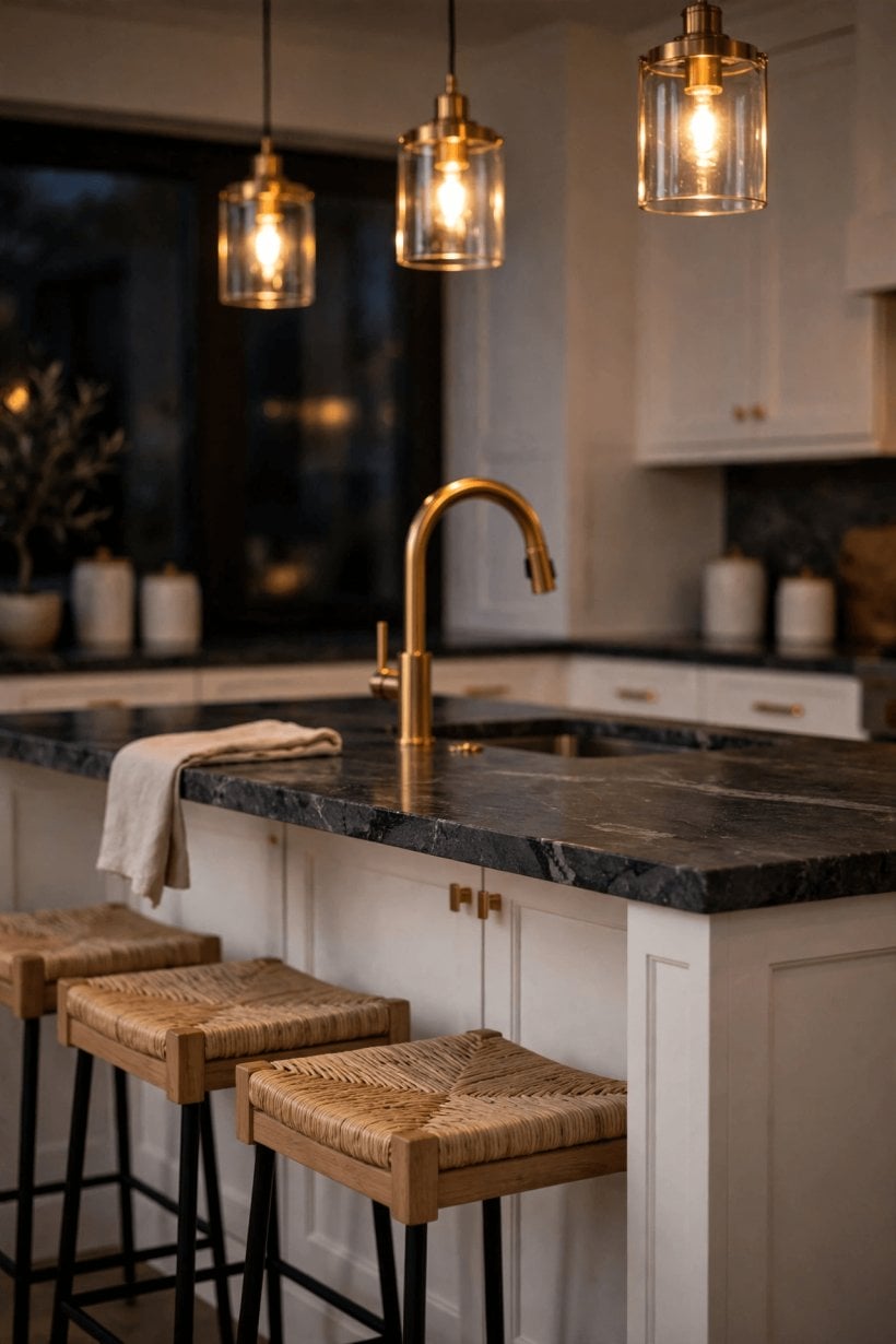 gray granite countertops with white cabinets